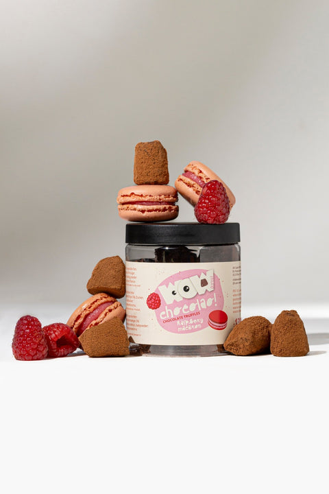 Raspberry Macaron Chocolate Truffles Gift Jar 130g | Fruity Luxury Chocolate - WOW Chocolao!